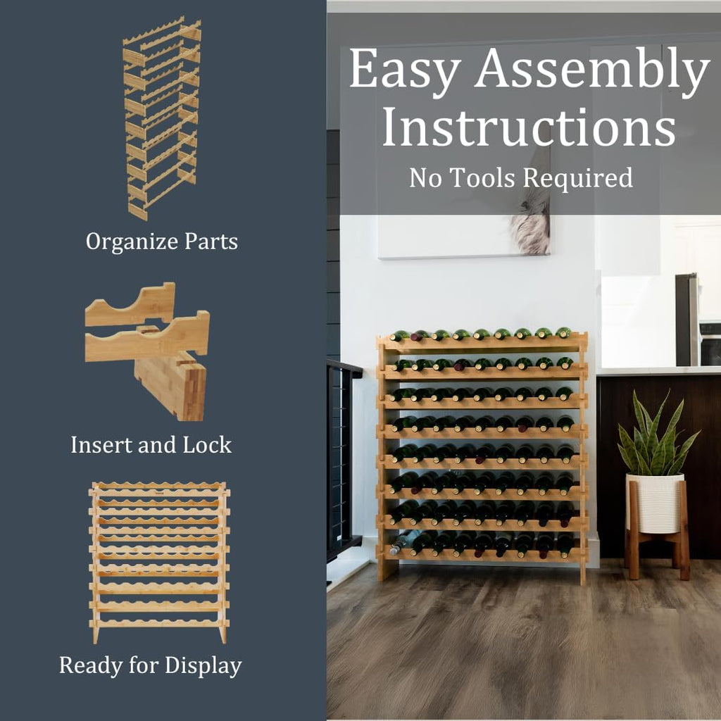 72 Bottle Bamboo Stackable Freestanding Wine Rack, No Tools Assembly, Durable, Wine and Liquor Bottle Storage for Small Spaces