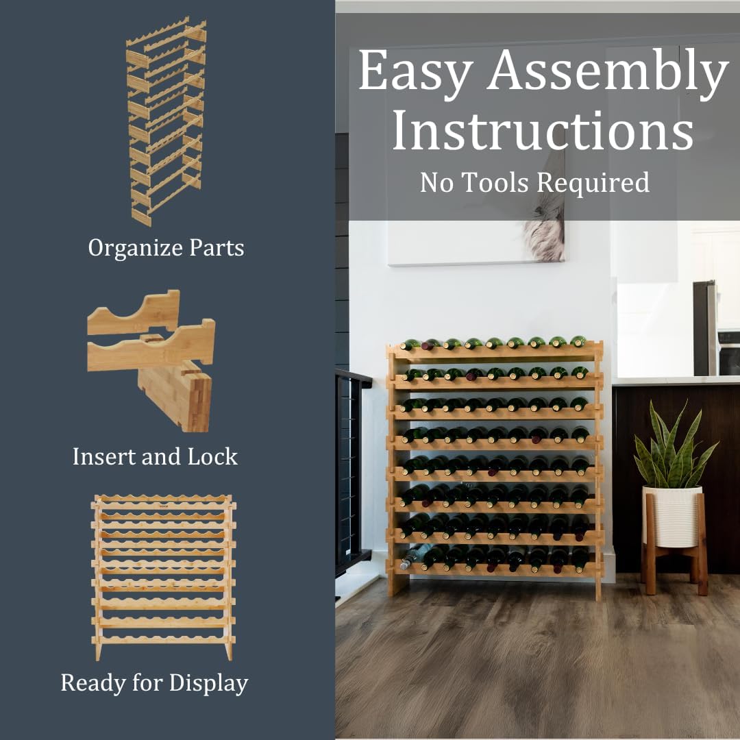 72 Bottle Bamboo Stackable Freestanding Wine Rack, No Tools Assembly, Durable, Wine and Liquor Bottle Storage for Small Spaces