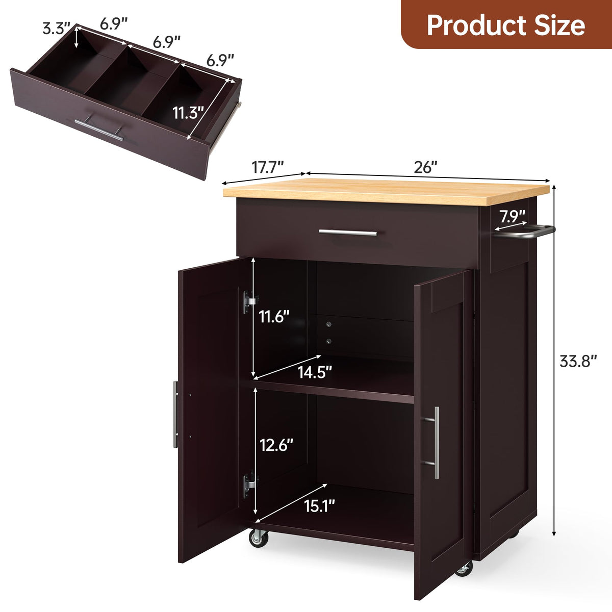 OtterOasis Mobile Kitchen Island on Wheels, Large Drawer, Black