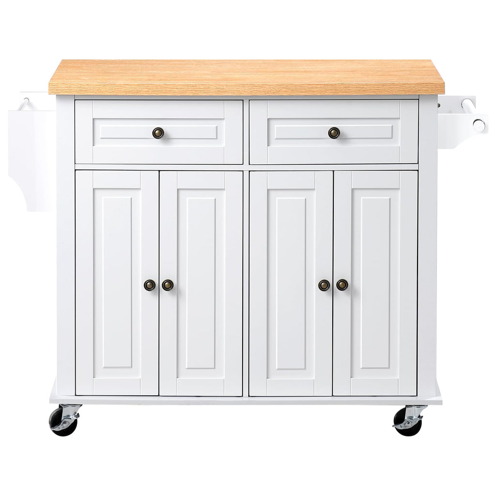 VEVOR Kitchen Island Cart with Storage, 43.58 in Wide Mobile Rolling Storage Island on Swivel Wheels, with 2 Drawers, Storage Cabinet, Drop Leaf, Spice/Towel Rack, Table for Home Dining Room, White