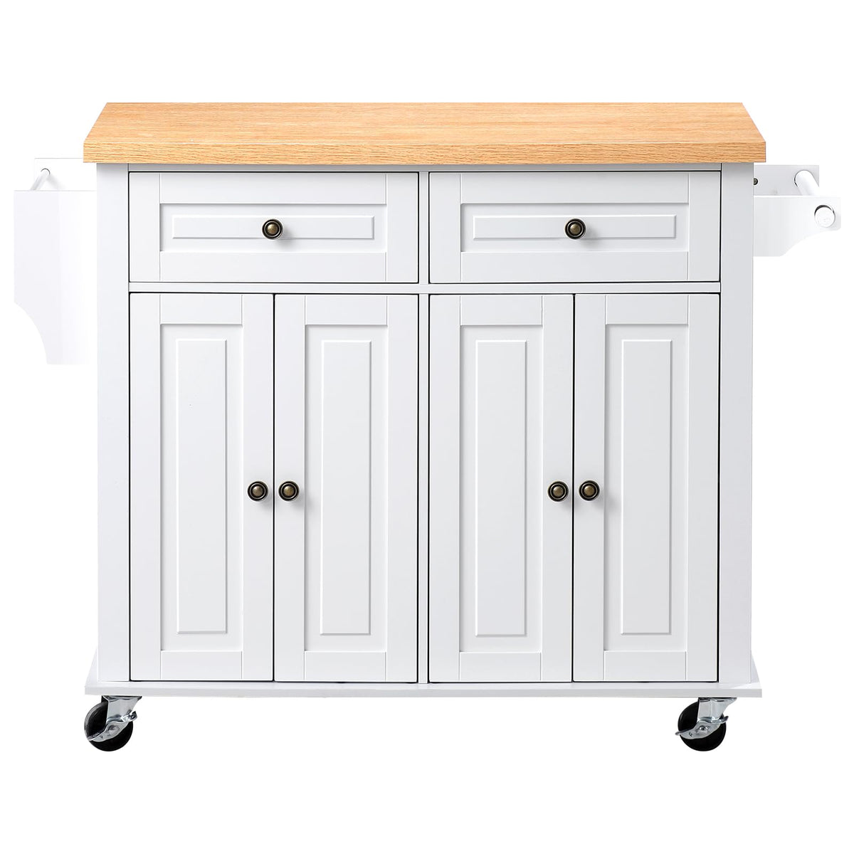 VEVOR Kitchen Island Cart with Storage, 43.58 in Wide Mobile Rolling Storage Island on Swivel Wheels, with 2 Drawers, Storage Cabinet, Drop Leaf, Spice/Towel Rack, Table for Home Dining Room, White