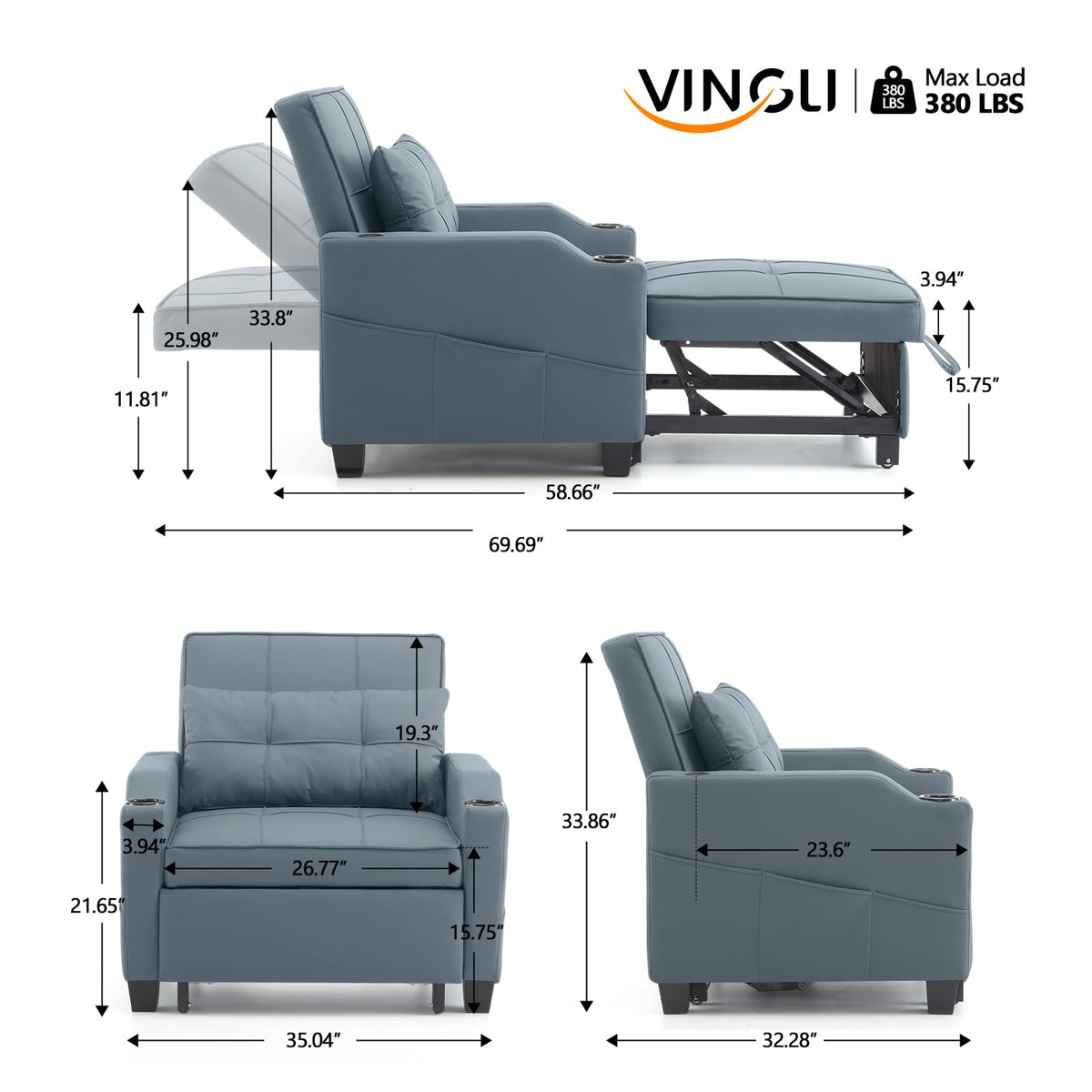 VINGLI Convertible Sleeper Chair Bed, Pull Out Sofa Couch for Living Room