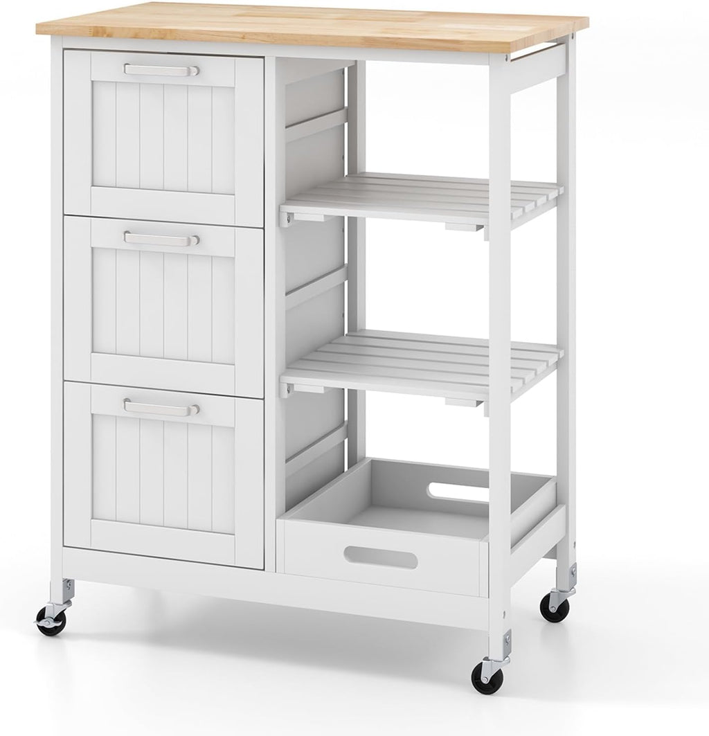Small Kitchen Island, Kitchen Utility Cart on Wheels, Serving Cart with Drawers, Shelves, Tray, Rubber Wood Tabletop, Kitchen Rolling Cart with Storage for Dining Room, Bar (White)