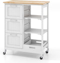 Small Kitchen Island, Kitchen Utility Cart on Wheels, Serving Cart with Drawers, Shelves, Tray, Rubber Wood Tabletop, Kitchen Rolling Cart with Storage for Dining Room, Bar (White)
