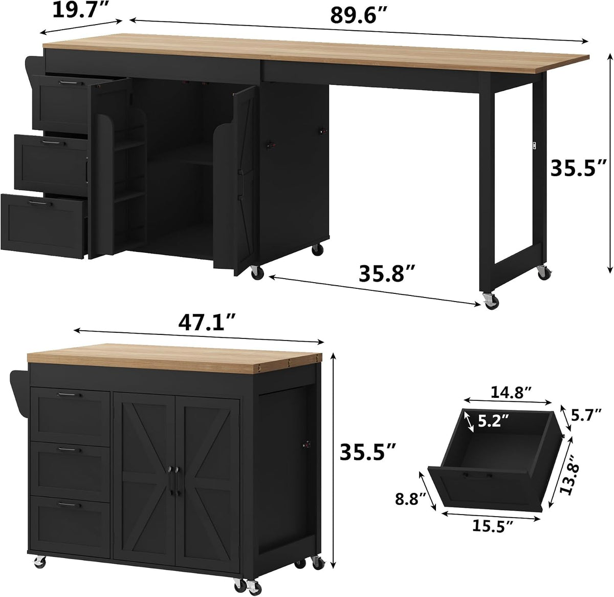 St.Mandyu 47â- 90â Flip-Top Kitchen Island with Extendable Dining Table, Mobile Rolling Storage Kitchen Cart with 3 Drawers & Spice Rack, Multi-Functional Bar Island Table Seats 2-4, Black
