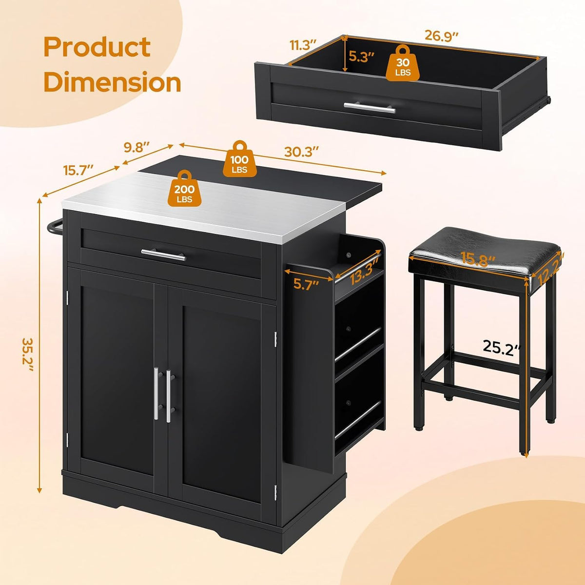 Concho 56" Kitchen Island with Seating Stainless Steel Countertop Black