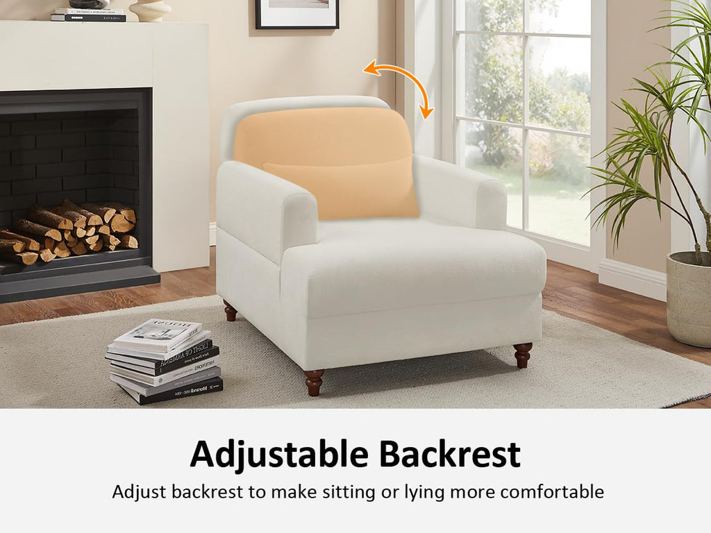 Oversized Chaise Lounge Chair with Adjustable Backrest, Polyester White