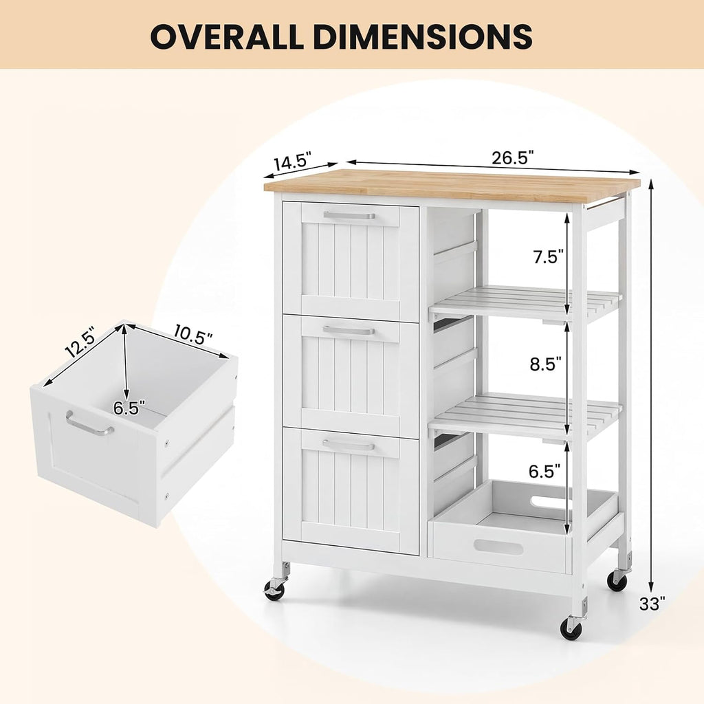 GIANTEX Kitchen Island Cart on Wheels, Rolling Utility Cart w/Rubber Wood Top, 3 Storage Drawers & 2 Removable Shelves & Removable Tray, Lockable Casters, Serving Cart for Dining Room, Bar, White