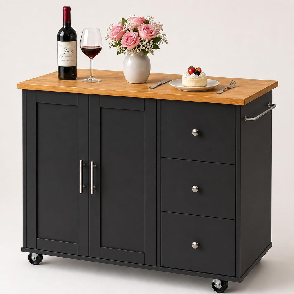JY QAQA 40" Kitchen Island Cart Furniture cart on Wheels Rolling Portable Dining Room Serving Utility Carts Mobile Movable with Drawers Cabinet,Black
