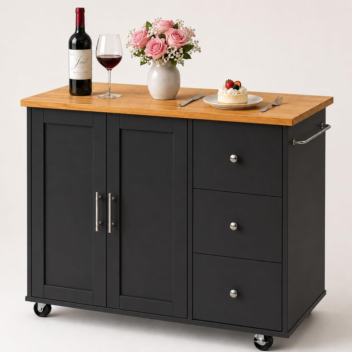 JY QAQA 40" Kitchen Island Cart Furniture cart on Wheels Rolling Portable Dining Room Serving Utility Carts Mobile Movable with Drawers Cabinet,Black
