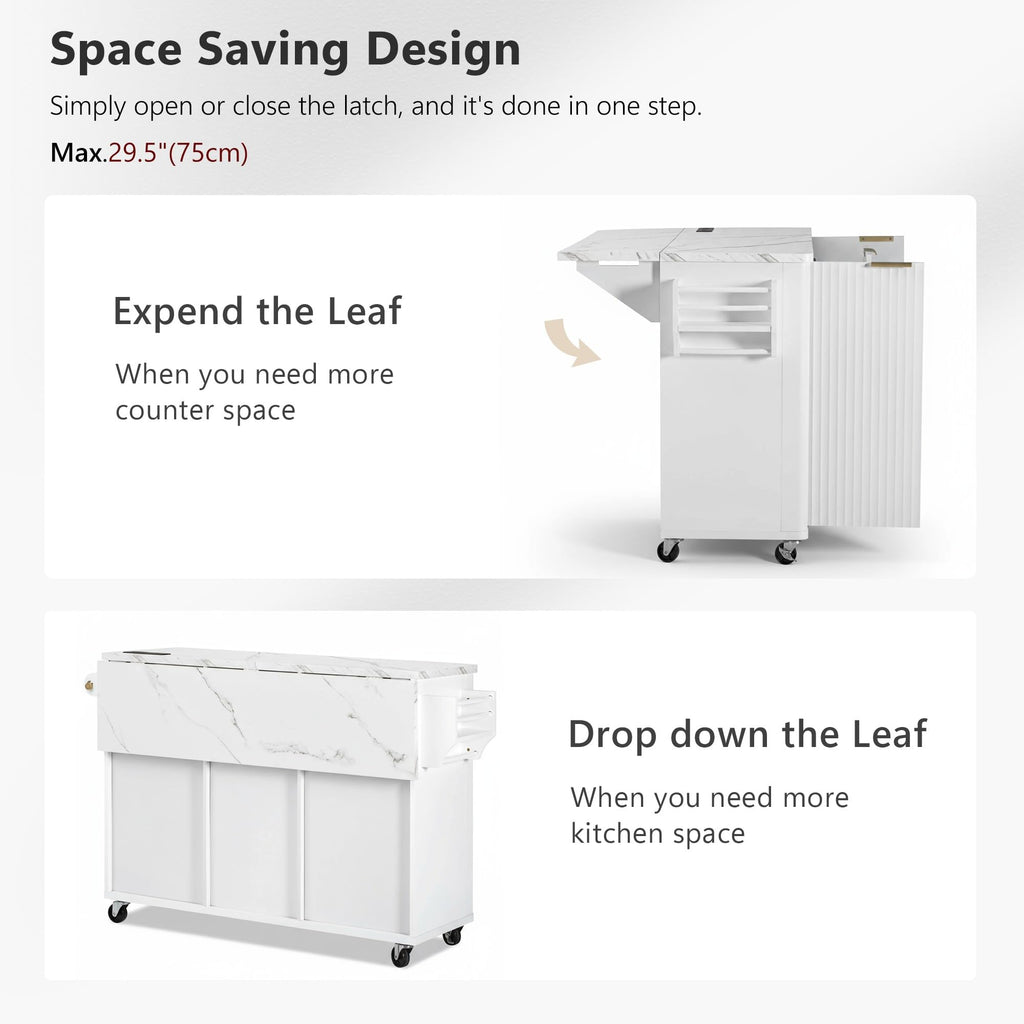 Large Fluted Kitchen Island Cart on Wheels with Storage, Natural