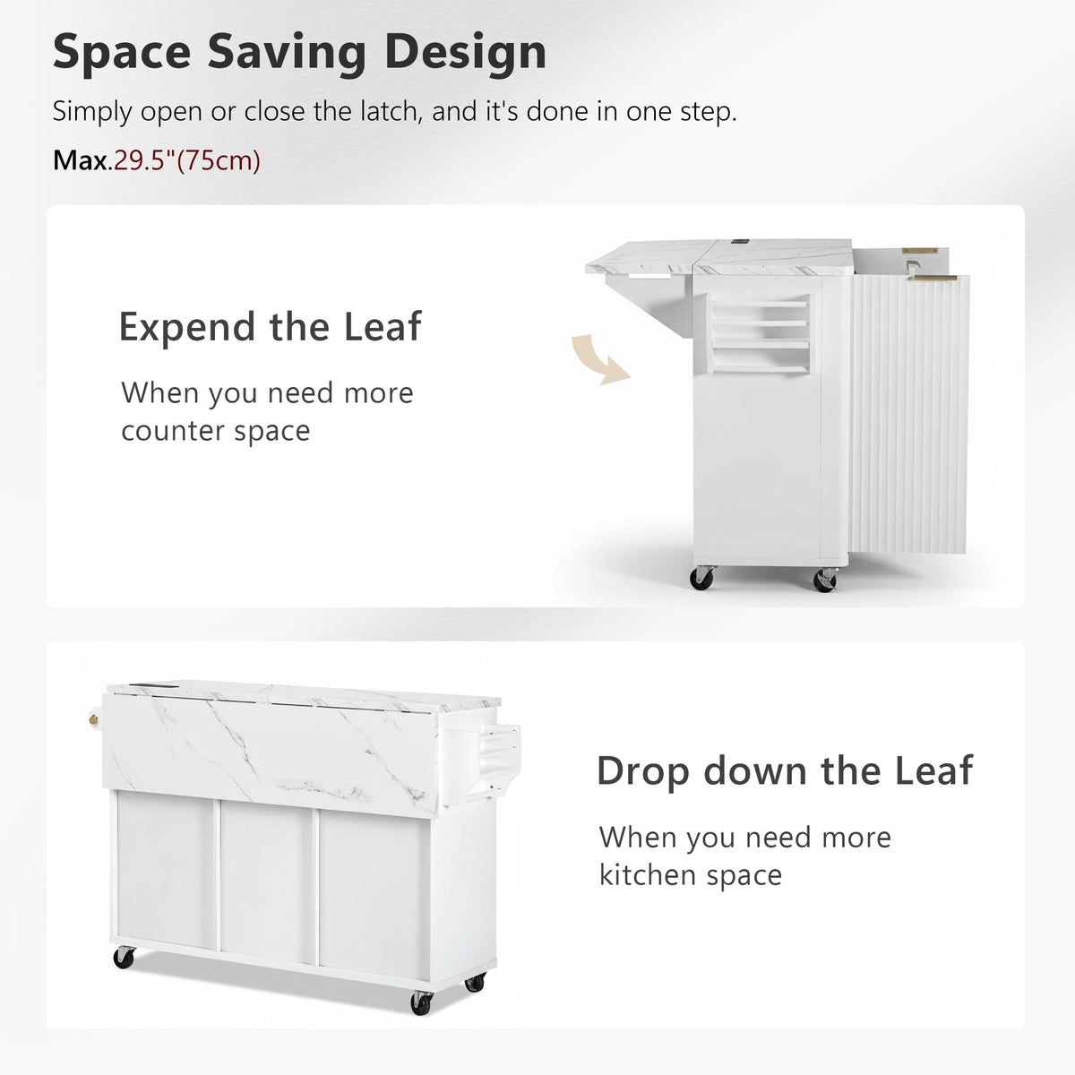 Large Fluted Kitchen Island Cart on Wheels with Storage, Natural