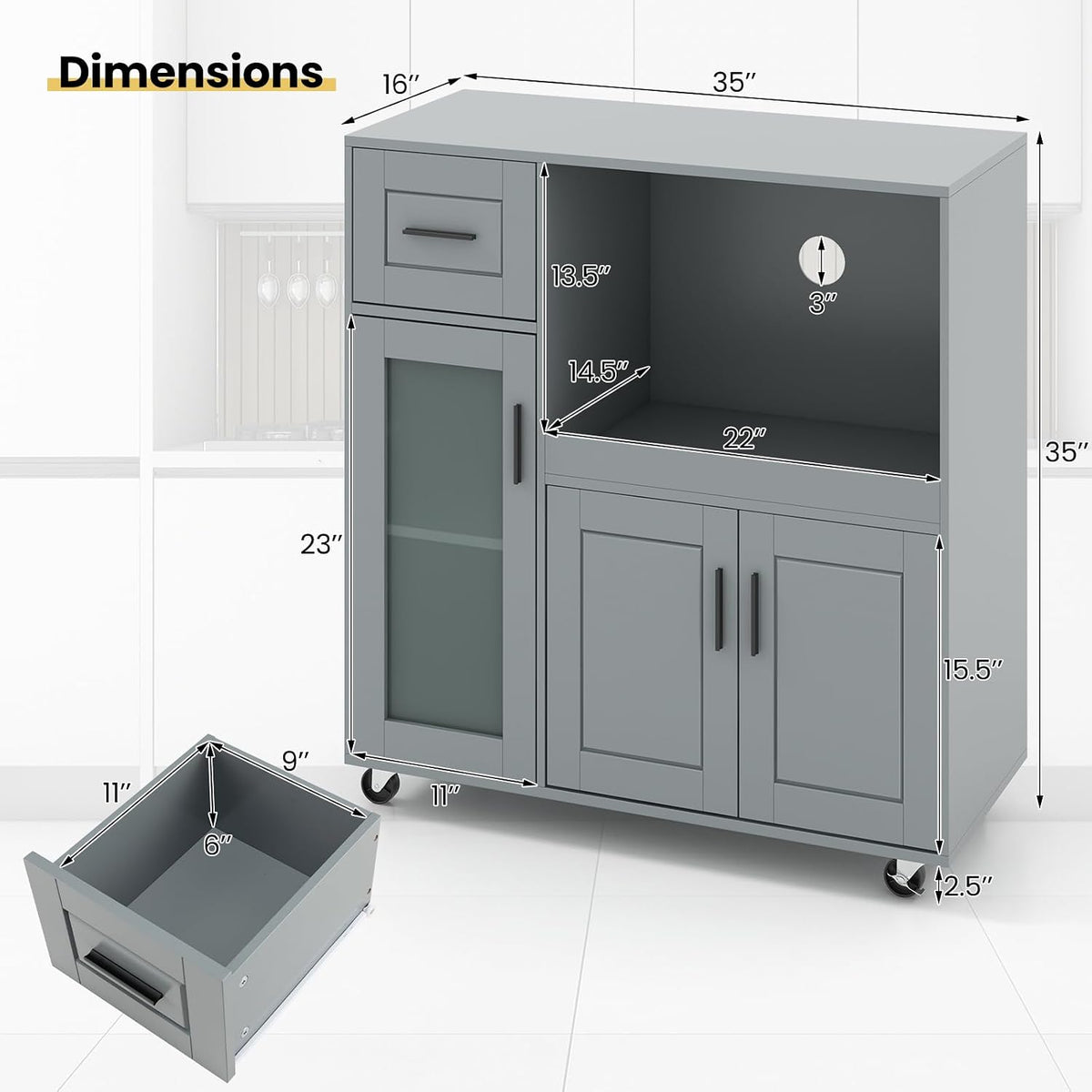 GOFLAME Rolling Kitchen Island Cart on Wheels, Mobile Kitchen Cart with Drawer, Open Shelf and Glass Door Cabinet, Microwave Stand Cart, Portable Kitchen Island for Kitchen, Dining Room, Grey