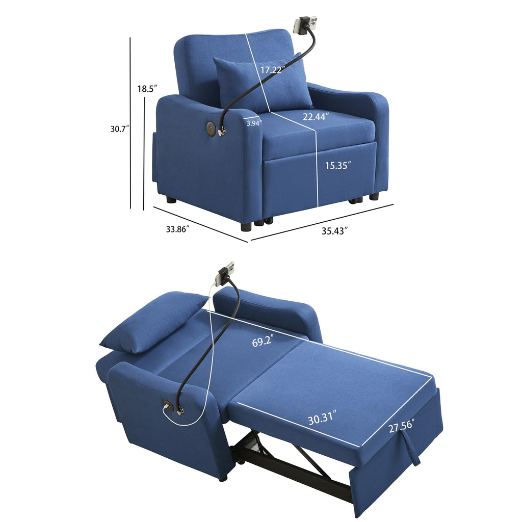 Convertible Single Sleeper Chair Bed,3 in 1 Velvet Futon Sleeper Sofa Bed with Phone Holder&USB Ports,Pull Out Couch Bed,Adjustable Recliner Armchair bed for Living Room,Office,Small Places(Grey)