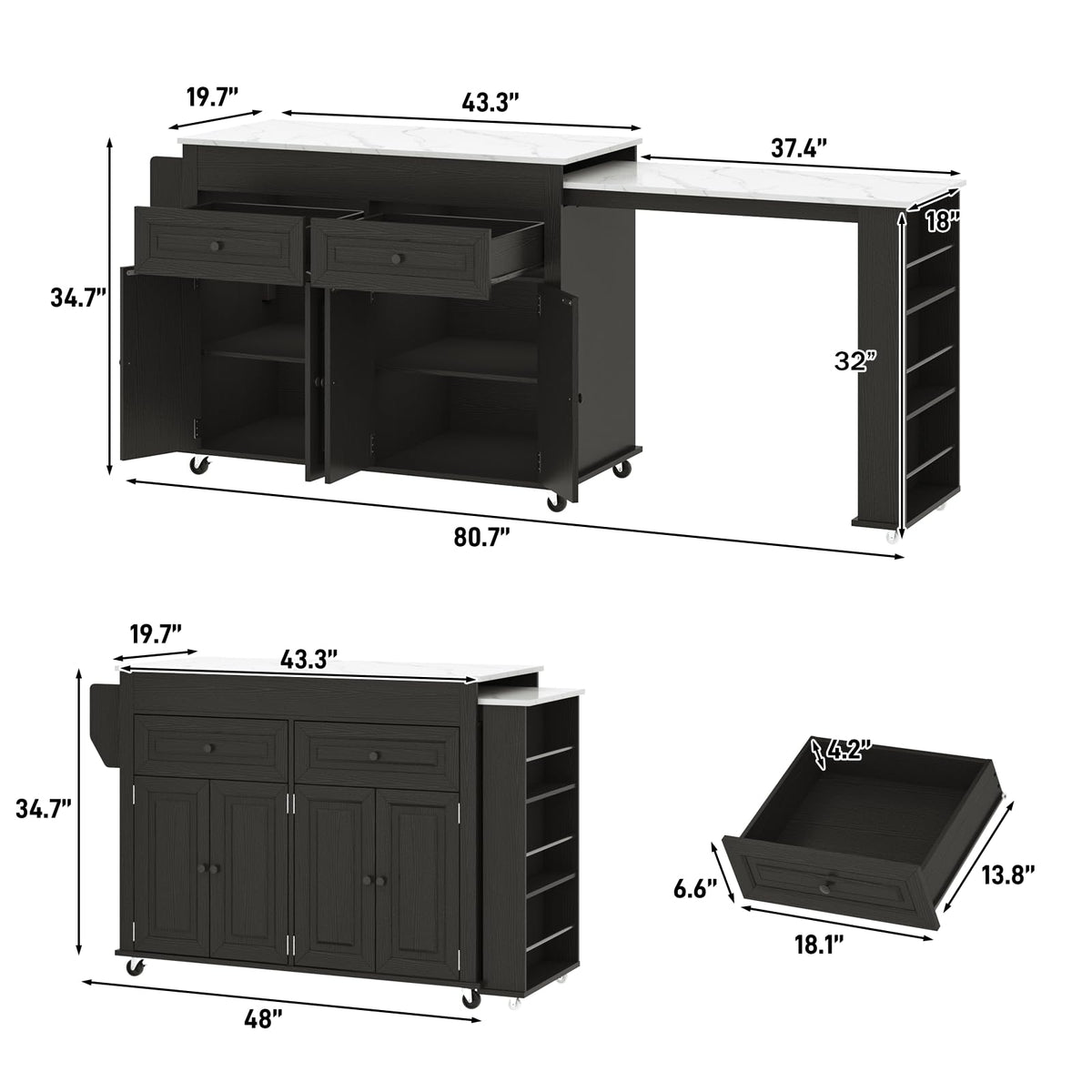 80"-48" Extendable Kitchen Island with Extended Dining Table and Power Outlet,Large Mobile Kitchen Storage Islands with 2 Storage Drawers,Rolling Islands Cart with 3 Extra Rows Open Shelves(Brown)