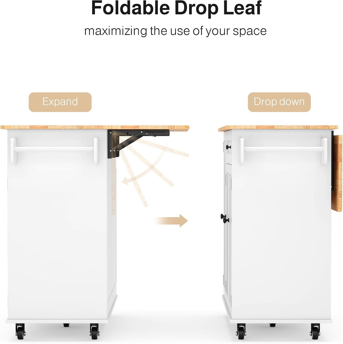Ahomly Rolling Kitchen Island with Storage, Drop Leaf and Drawer, White