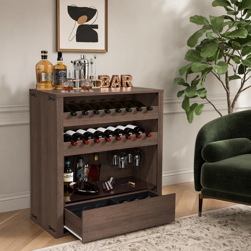 Liquor Cabinet with Wine Rack & Stemmed Holder & Drawer, Walnut