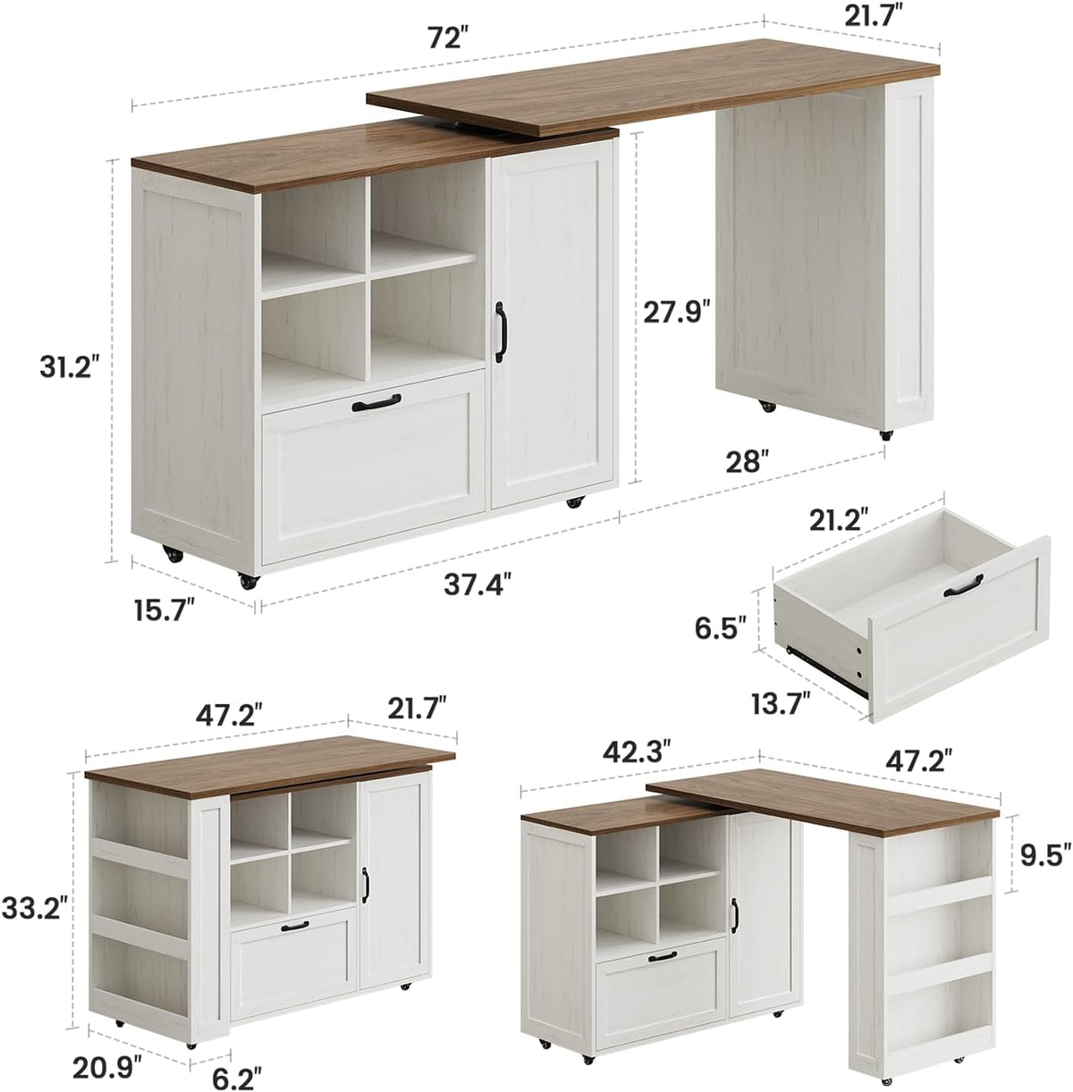 72" Rolling Kitchen Island with 360Â° Swivel Tabletop & Power Outlet,Mobile Kitchen Islands on Wheels with Storage,Farmhouse Wood Island Cart with Spice Rack,Rustic White