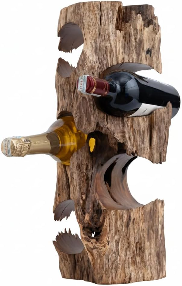 Solid Natural Vitex Pubescens Vahl Wood Wine Rack with Anti-Slip Pads â Rustic Single-Piece Freestanding Countertop Wine Holder â Securely Holds 5 Bottles Without Sliding â 20" x 9" x 7"