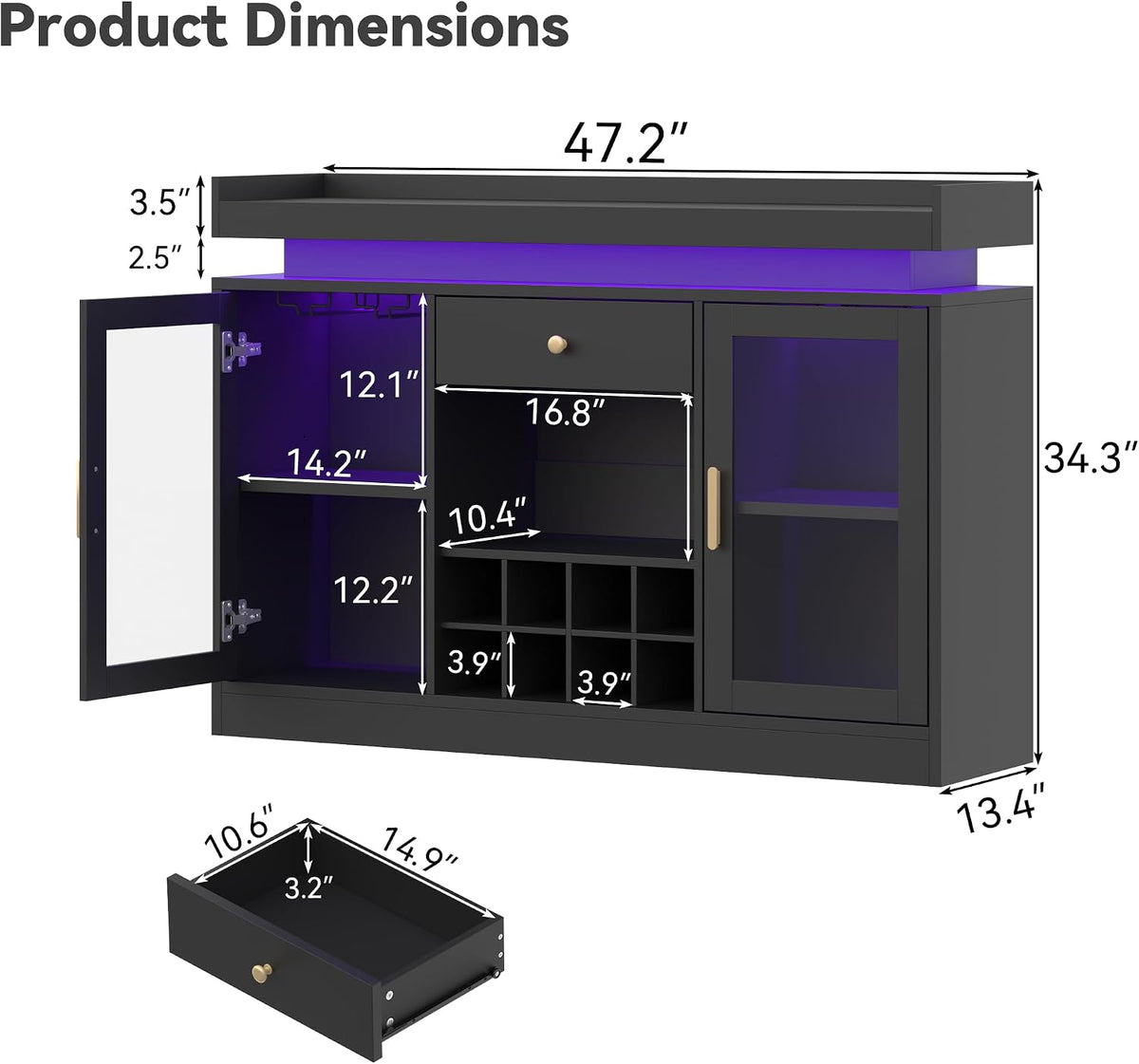 Wine Bar Cabinet with LED Light, Home Coffee Bar Cabinet w/ Wine&Glass Rack