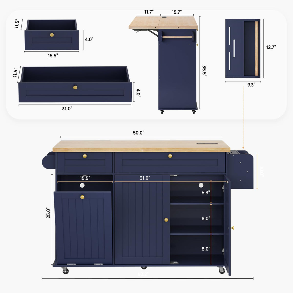 ComfyCorner 60" Rolling Large Kitchen Island on Wheels with Extendable Table, Drop Leaf & Power Outlet, Mobile Kitchen Cart with Storage Cabinet, 2 Drawers, Spice Rack, Towel & Knife Holder, Green