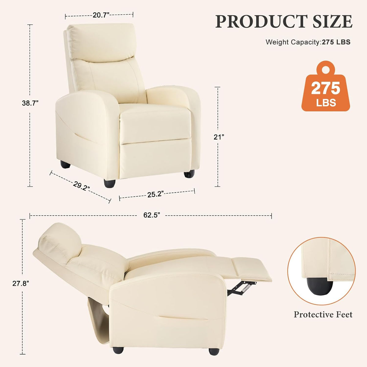 OLIXIS Recliner Chair, Reclining Sofa Chair with 3 Adjustable Angles