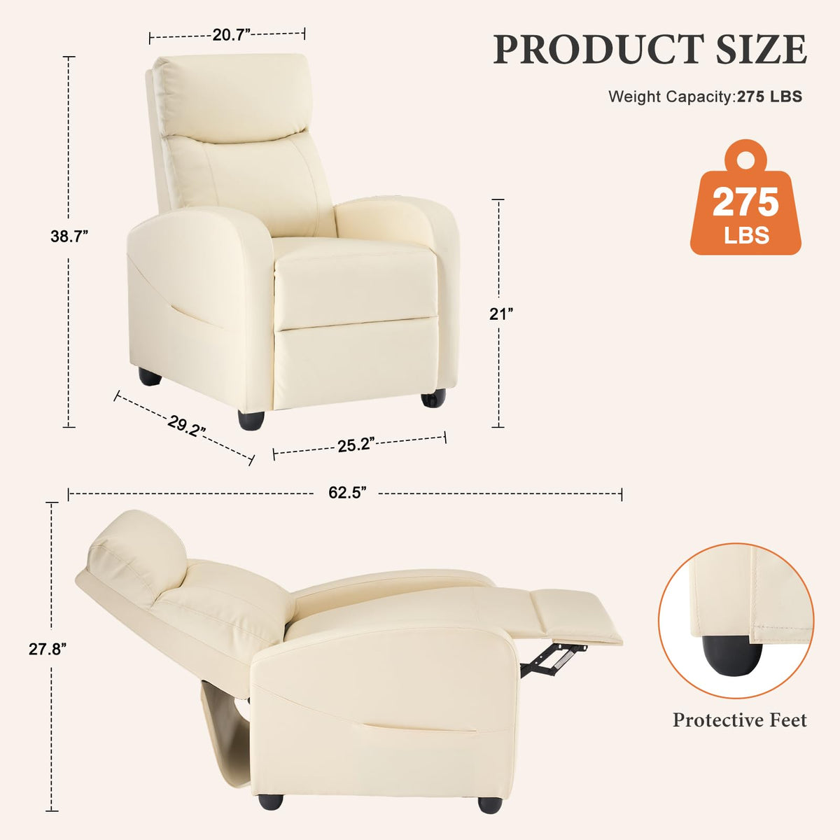 OLIXIS Recliner Chair, Reclining Sofa Chair with 3 Adjustable Angles