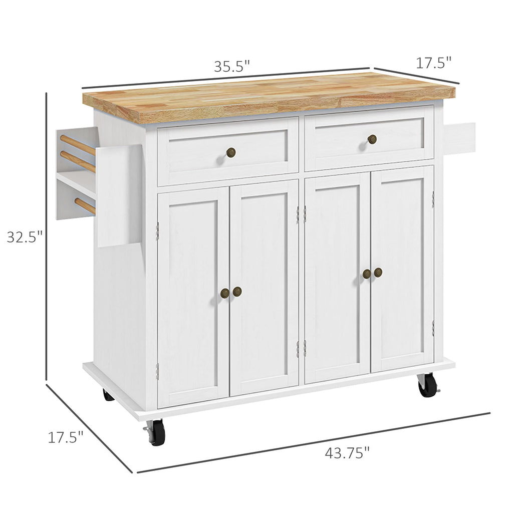 HOMCOM Kitchen Island Cart on Wheels with Solid Wood Top, 44" Cream White
