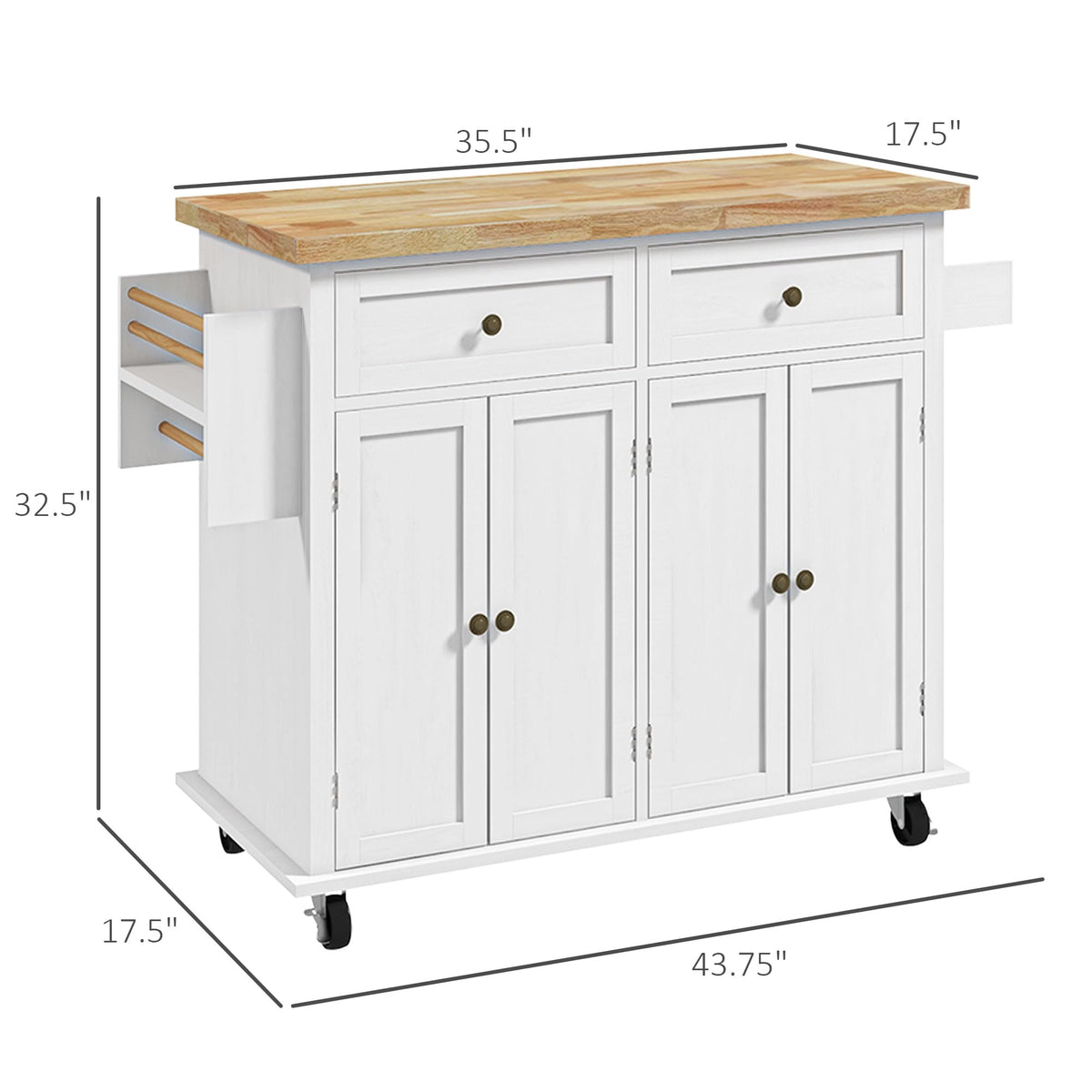 HOMCOM Kitchen Island Cart on Wheels with Solid Wood Top, 44" Cream White