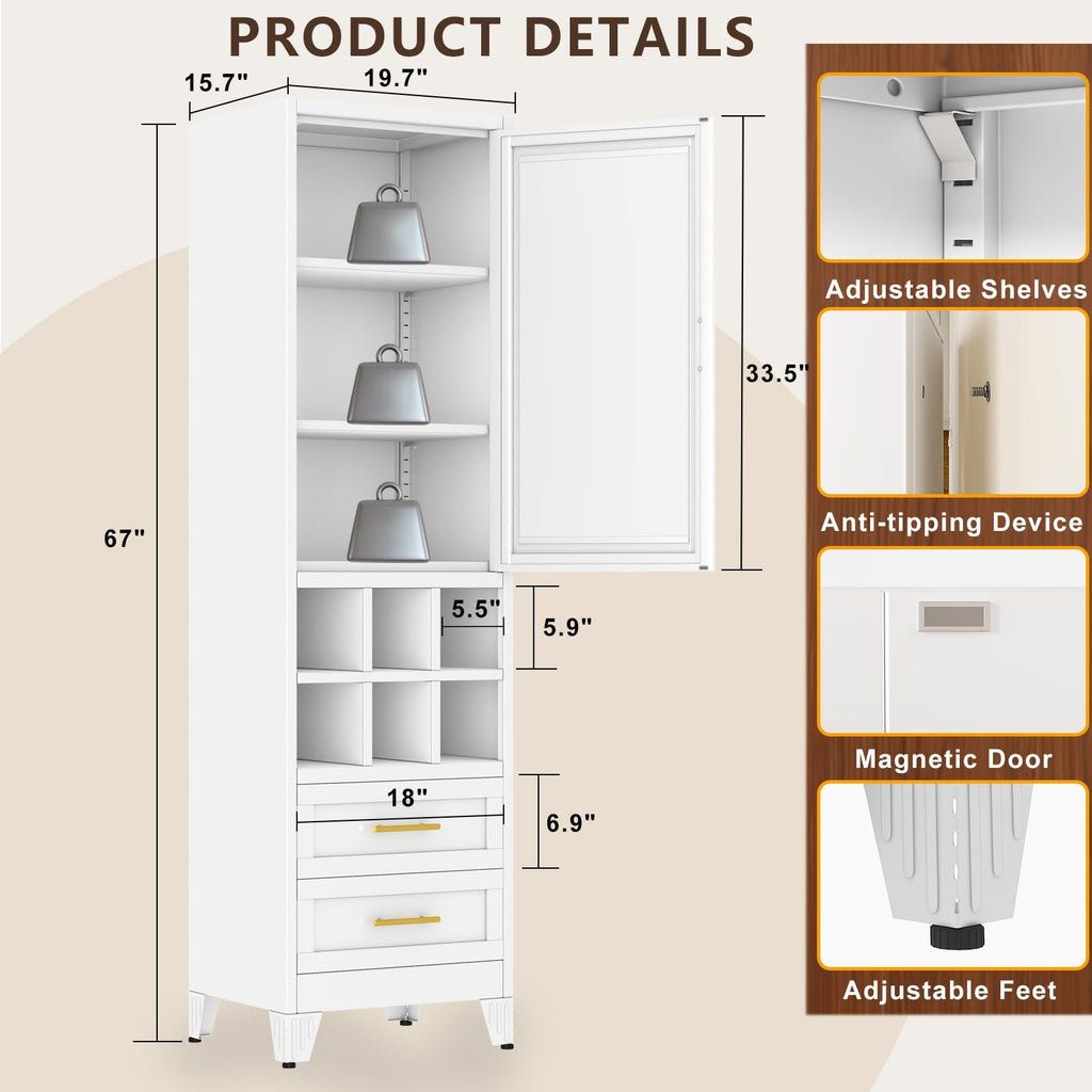 67" Tall Metal Pantry Cabinet, Narrow Freestanding Storage Cabinet, Black