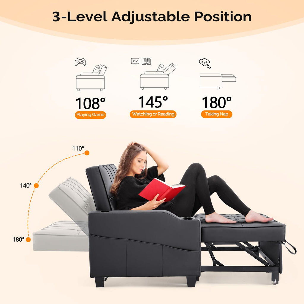 VINGLI Light Grey Futon Sofa Bed Convertible Loveseat Sleeper Couch, Faux Leather Pullout Sofa Fold Out Couch Bed with USB Ports, Cup Holders, Armrest for Living Room, Bedroom Apartment Room