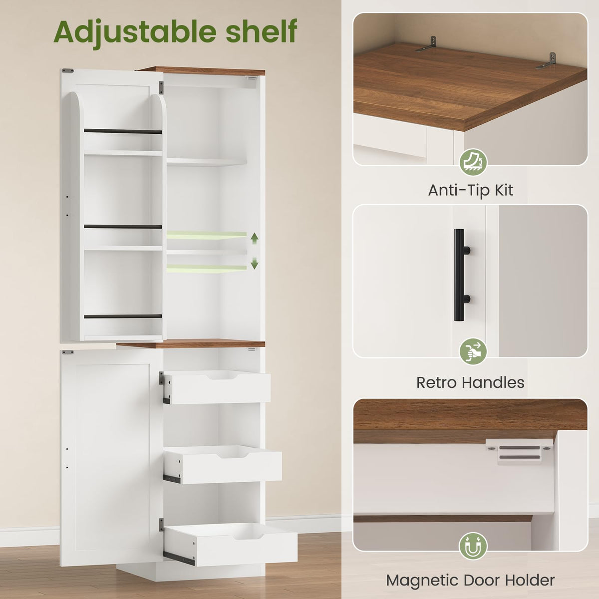 Itaar 71" Kitchen Pantry Cabinet with Charging Station and Led Light, Kitchen Storage Cabinets with Microwave Stand, 59" Wide Pantry Storage Cabinet with Storage Cart 3 Tier for Dining Room, White