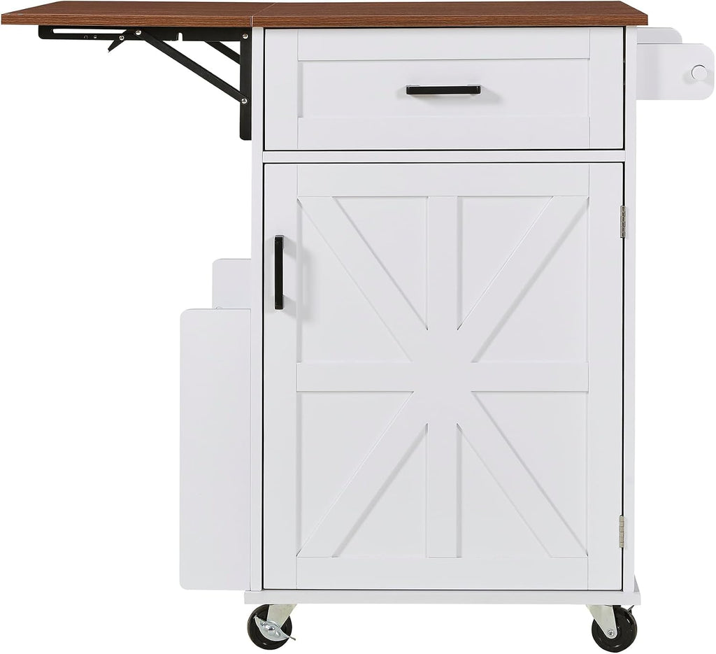 39.3"Farmhouse Kitchen Island with Open Side Rack and Drop Leaf and,Small Kitchen Rolling Cart with Drawer and Storage Cabinet, Narrow Mobile Dining Table with Lockable Wheels and Towel Rack White