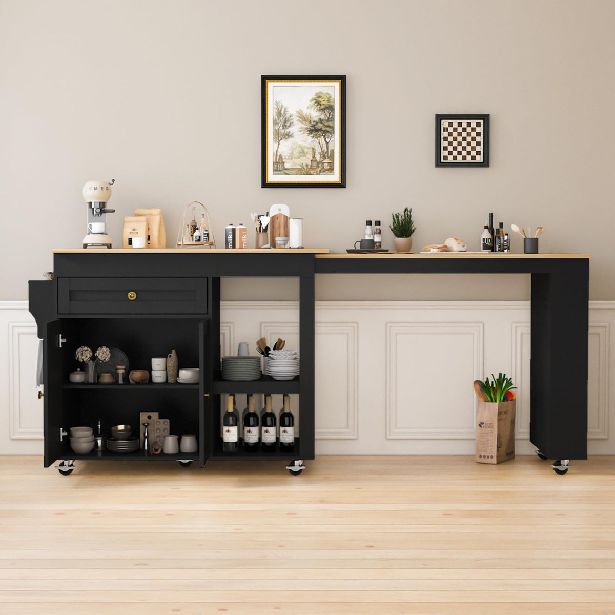 81.5" Kitchen Island with Extendable Dining Table, Rolling Kitchen Cart on Wheels with Spice Rack, Drawer and Door Cabinet for Dining Room, White