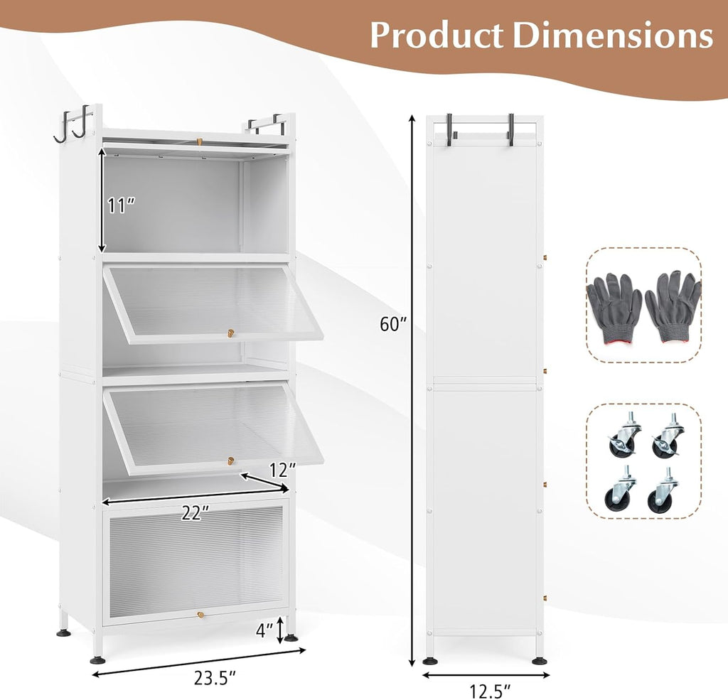 GIANTEX 5-Tier Kitchen Storage Cabinet, 4 PC Doors, Rolling Wheels, White