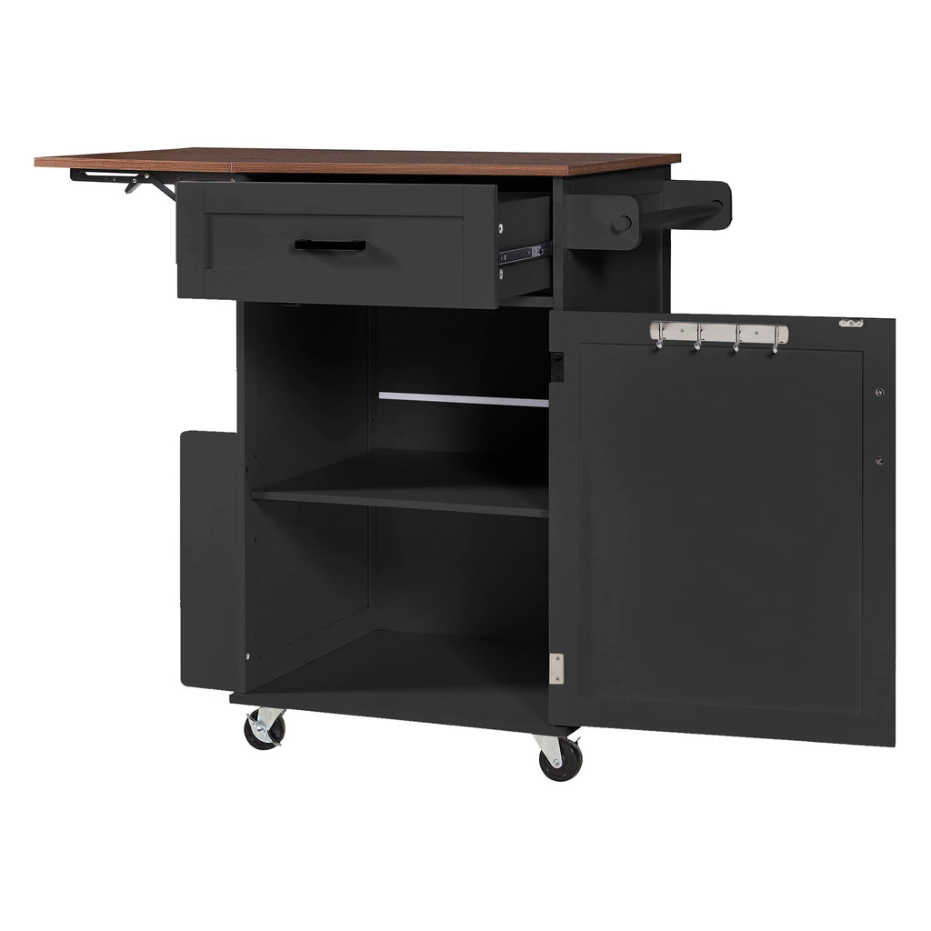 39.3"Farmhouse Kitchen Island with Open Side Rack and Drop Leaf and,Small Kitchen Rolling Cart with Drawer and Storage Cabinet, Narrow Mobile Dining Table with Lockable Wheels and Towel Rack White