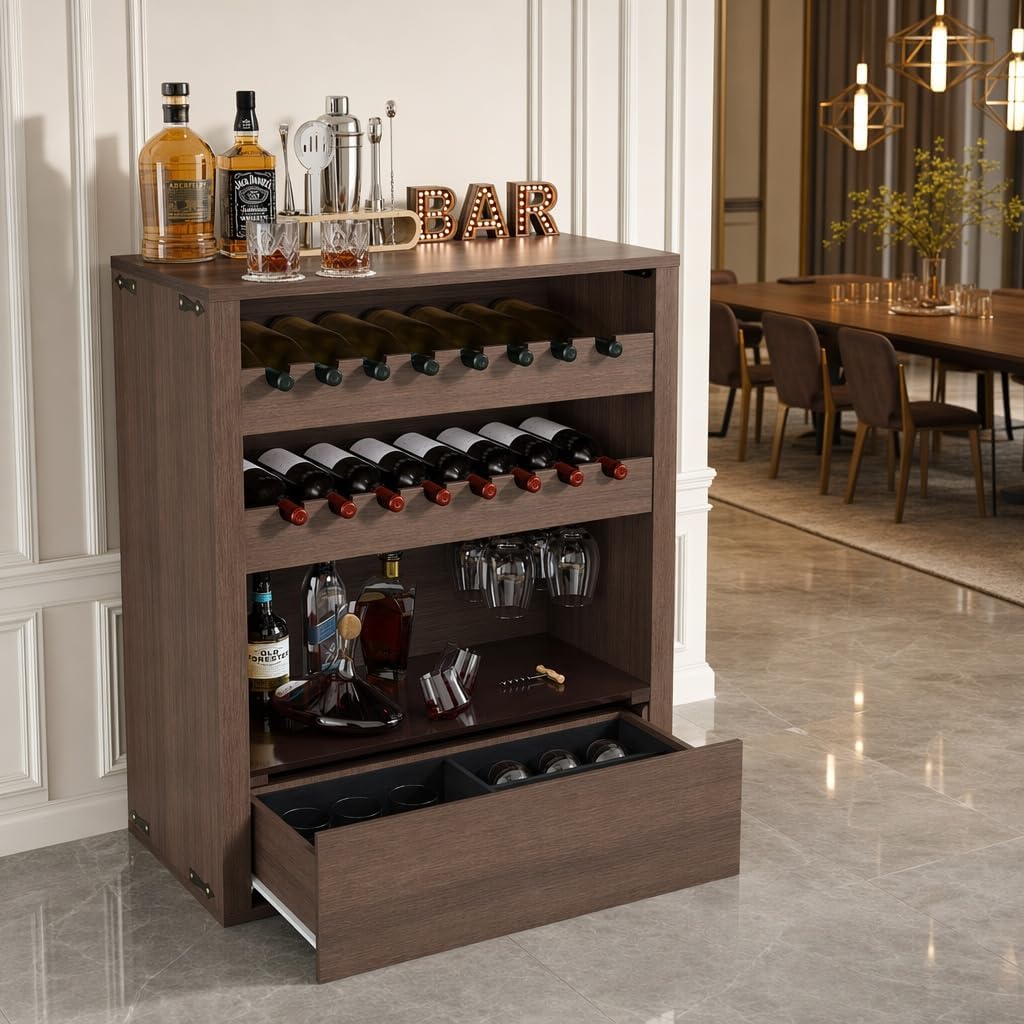 Liquor Cabinet with Wine Rack & Stemmed Holder & Drawer, Walnut