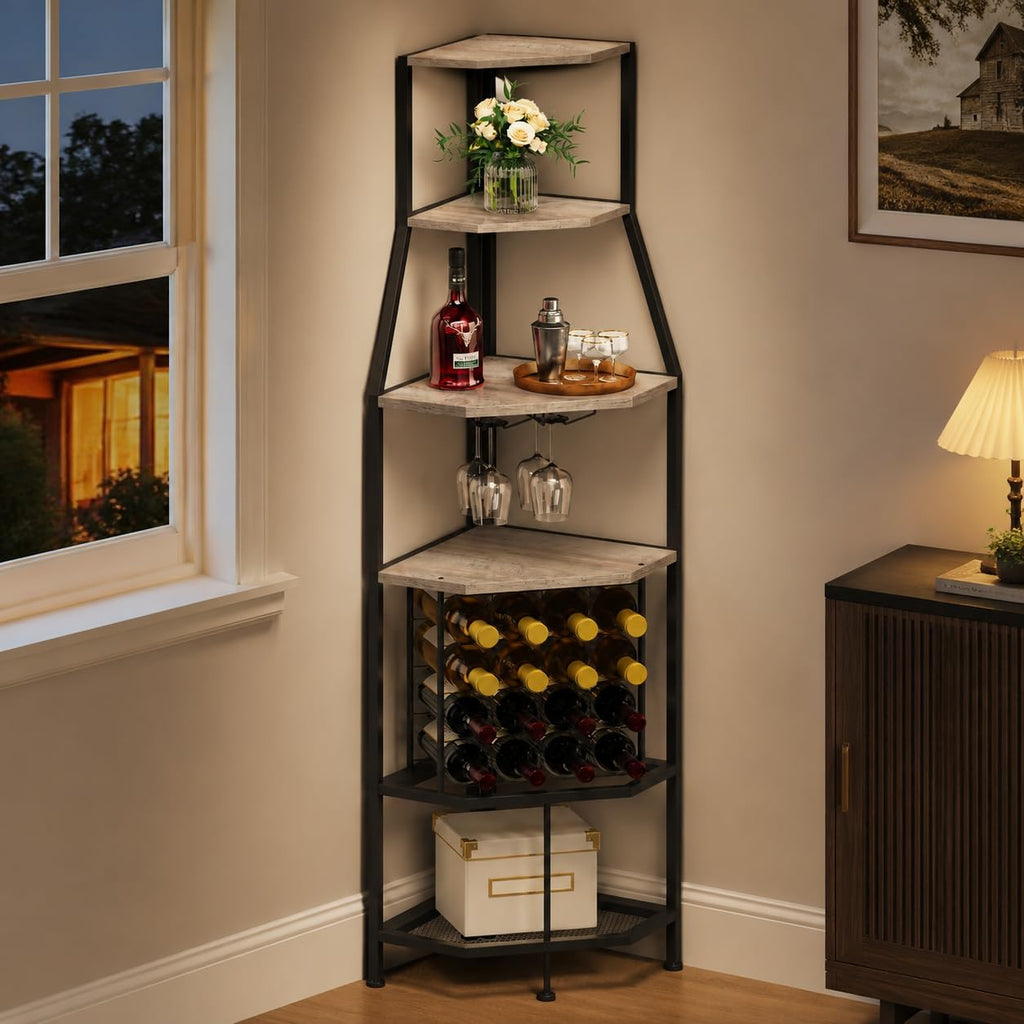 5-Tier Corner Wine Rack with Glass Holder, Floorstanding Wine Storage