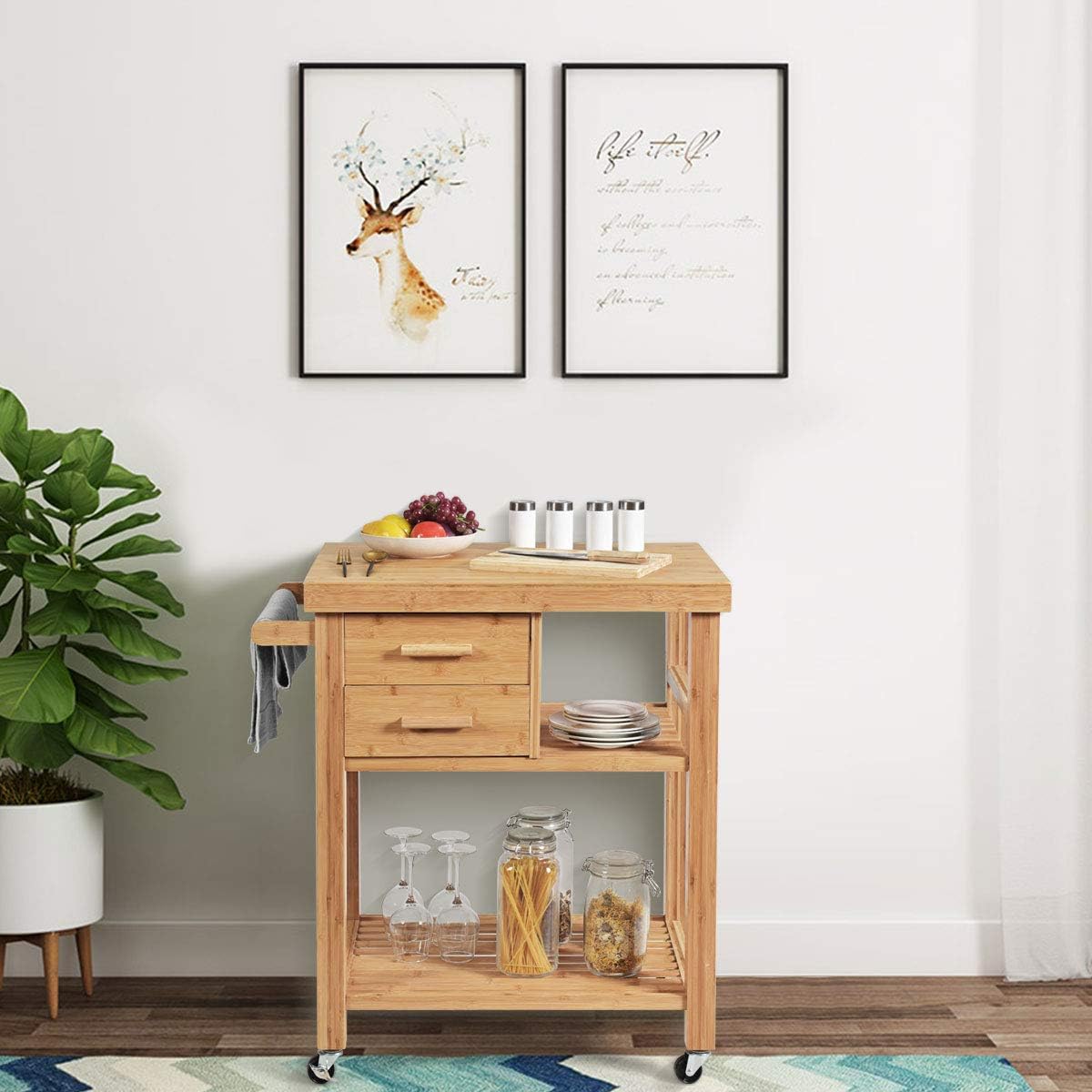 GIANTEX Kitchen Island, Bamboo Island Cart, Kitchen Trolley Cart on Wheels, Rolling Kitchen Cart, 2 Drawers, Towel Rack, Casters with Lock (Natural)