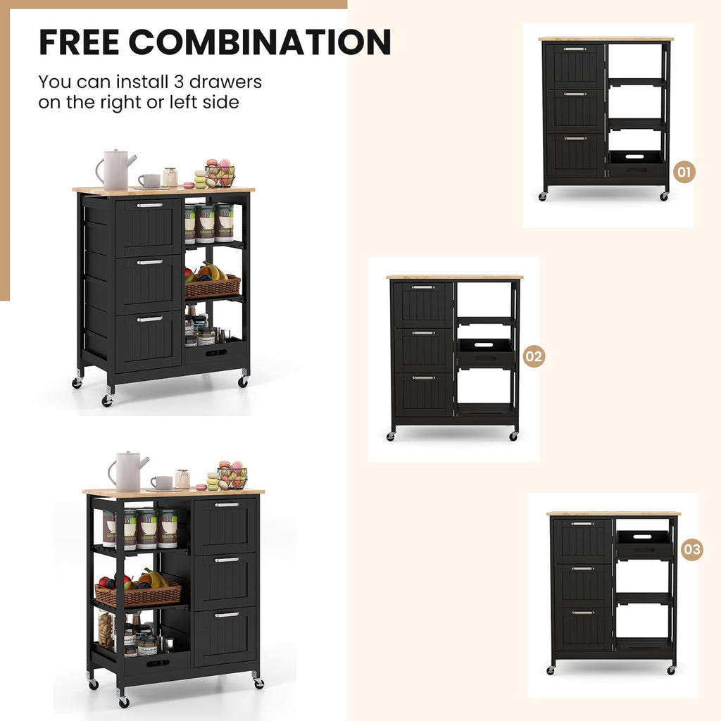 GIANTEX Kitchen Island Cart on Wheels, Rolling Utility Cart w/Rubber Wood Top, 3 Storage Drawers & 2 Removable Shelves & Removable Tray, Lockable Casters, Serving Cart for Dining Room, Bar, White
