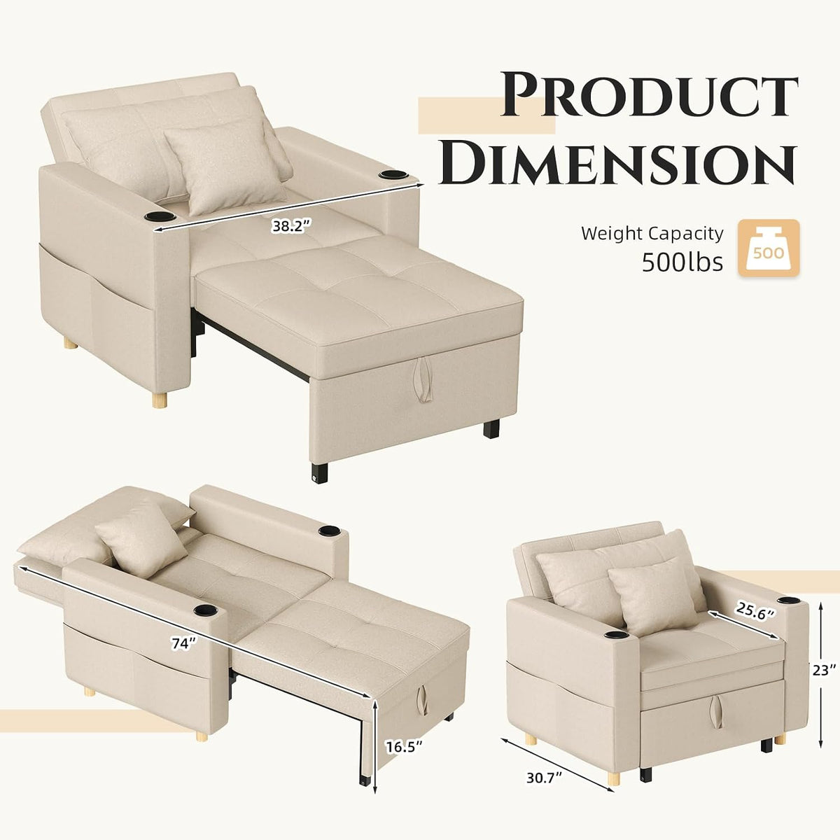 YODOLLA Sleeper Chair Pull Out Bed, Chair Bed Sleeper for Adults, Beige
