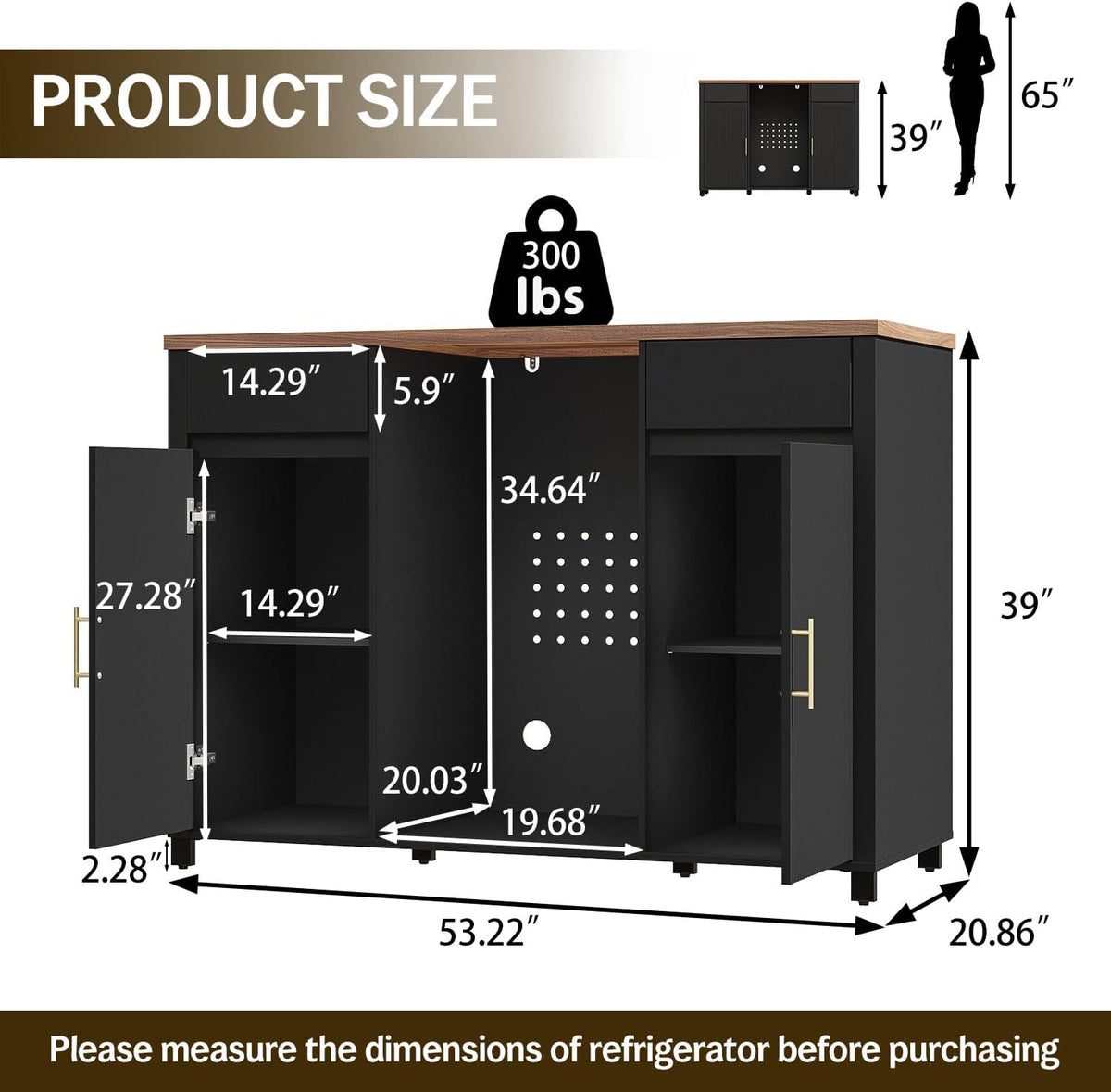 Tornivk 53" Large Coffee Bar Cabinet with Fridge Space, Black