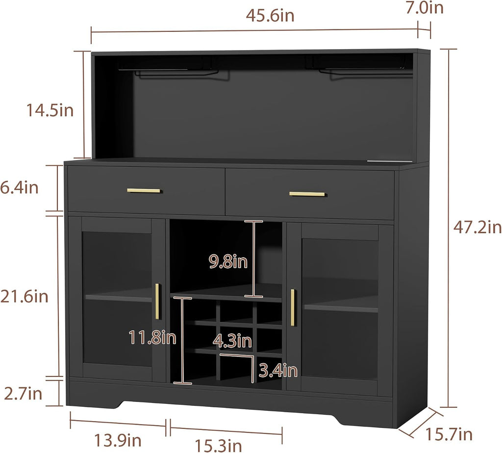 Wine Bar Cabinet with LED Lights, Liquor Cabinet for Home, Coffee Bar Cabinet with Wine Rack and Glass Holder, Black Home Bar Cabinets, Kitchen Buffet Sideboard for Living Room, Dining Room