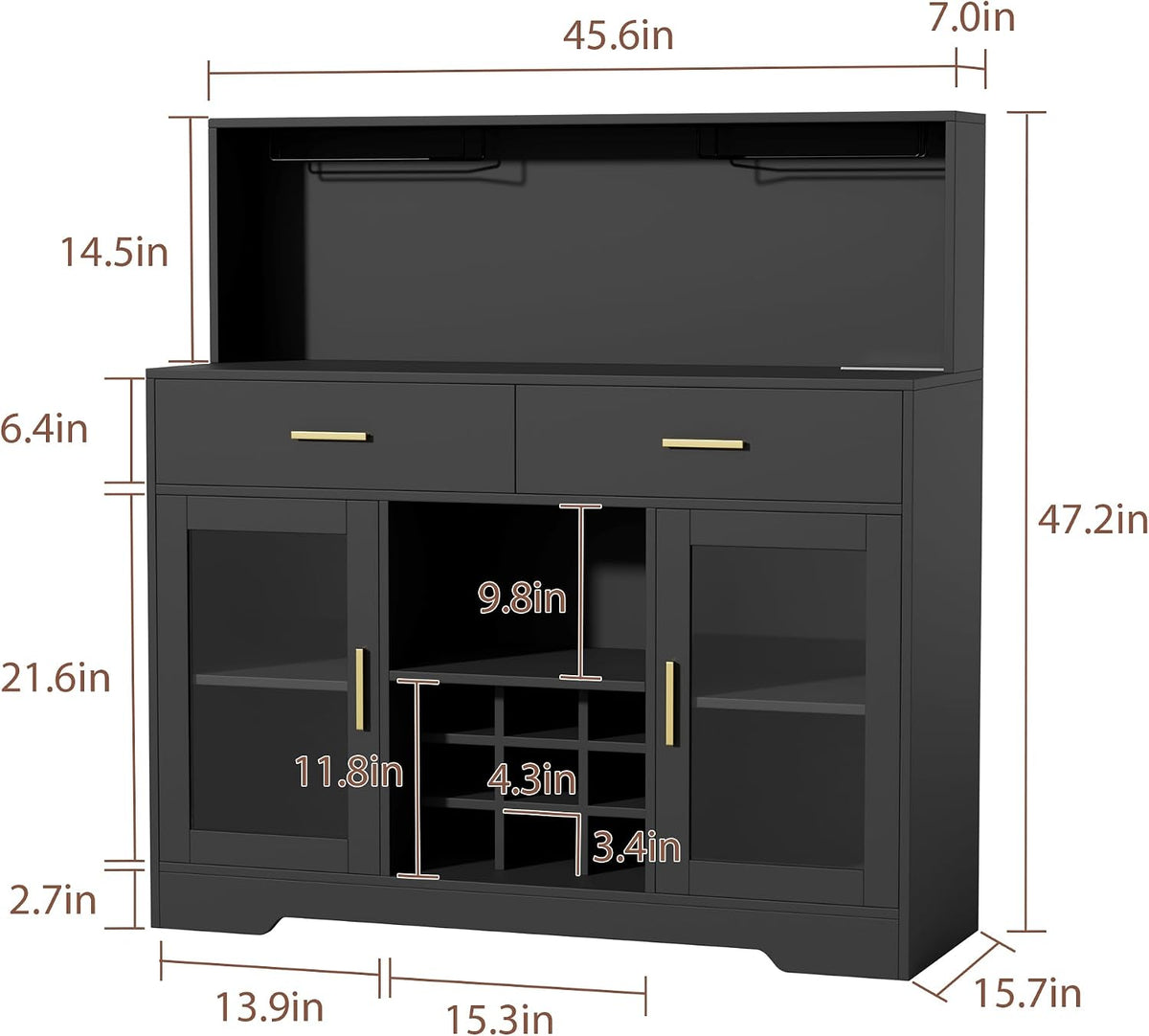 Wine Bar Cabinet with LED Lights, Liquor Cabinet for Home, Coffee Bar Cabinet with Wine Rack and Glass Holder, Black Home Bar Cabinets, Kitchen Buffet Sideboard for Living Room, Dining Room