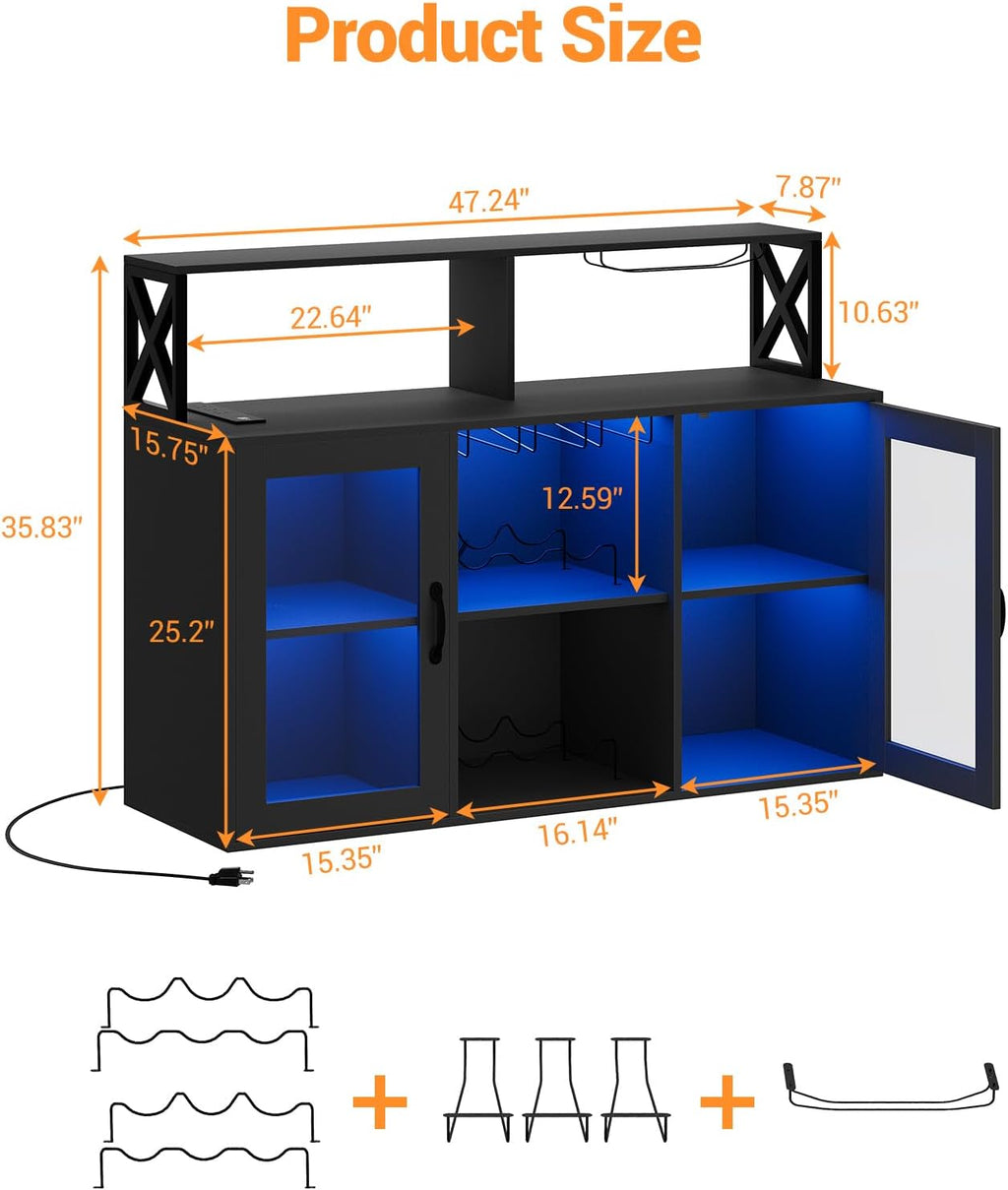 Garvee Wine Cabinet with LED Light, Bar Cabinet with Wine Rack, Glass Holder, and Power Outlets, for Living Room Dining Room, Black