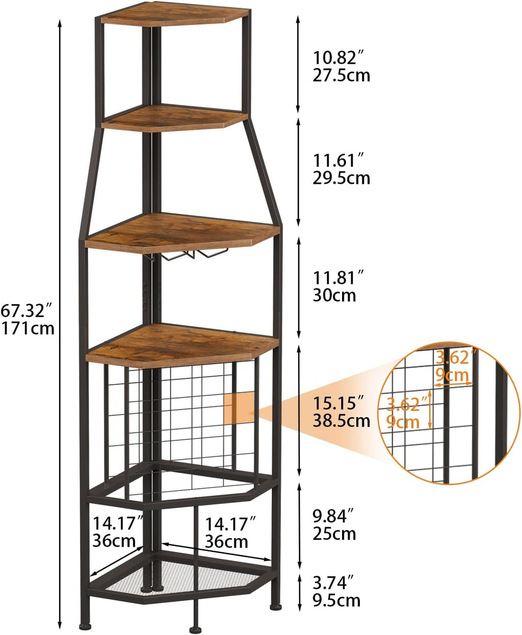 5-Tier Corner Wine Rack with Glass Holder, Floorstanding Wine Storage