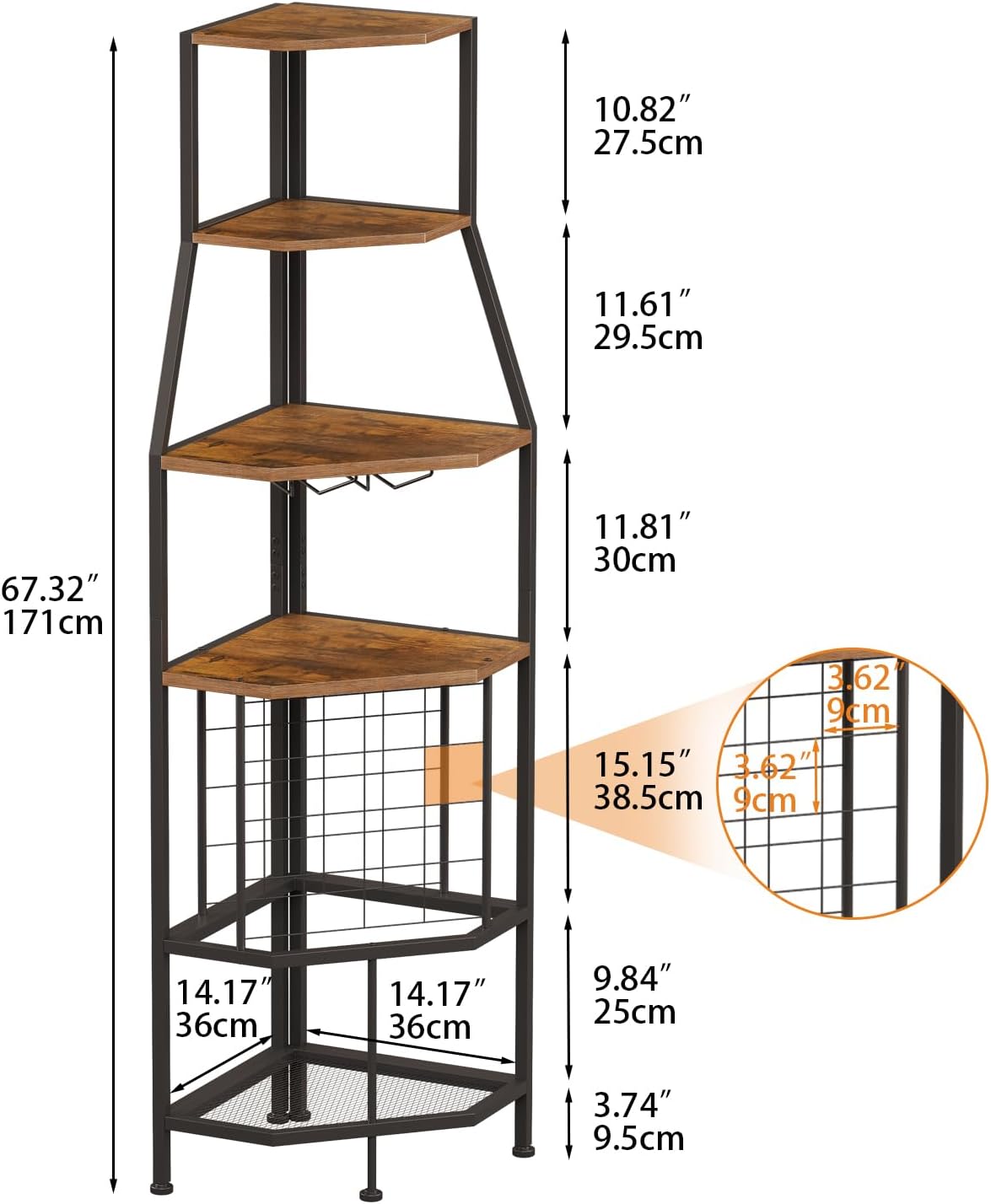 5-Tier Corner Wine Rack with Glass Holder, Floorstanding Wine Storage