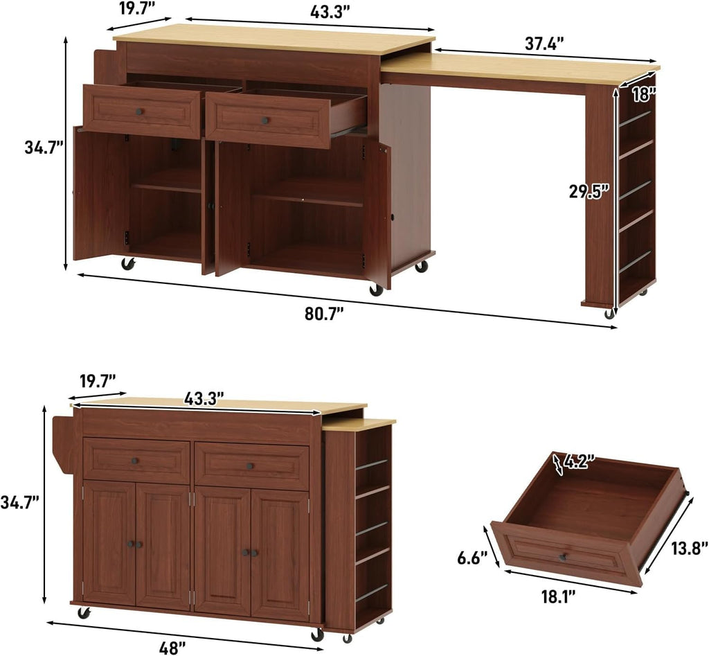 80"-48" Extendable Kitchen Island with Extended Dining Table and Power Outlet,Large Mobile Kitchen Storage Islands with 2 Storage Drawers,Rolling Islands Cart with 3 Extra Rows Open Shelves(Brown)