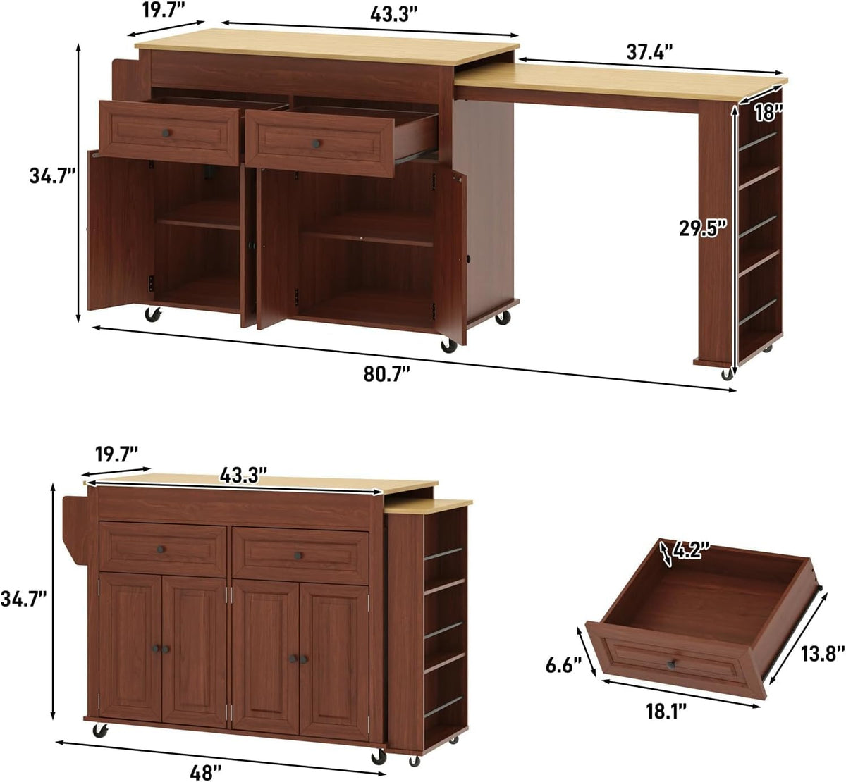80"-48" Extendable Kitchen Island with Extended Dining Table and Power Outlet,Large Mobile Kitchen Storage Islands with 2 Storage Drawers,Rolling Islands Cart with 3 Extra Rows Open Shelves(Brown)