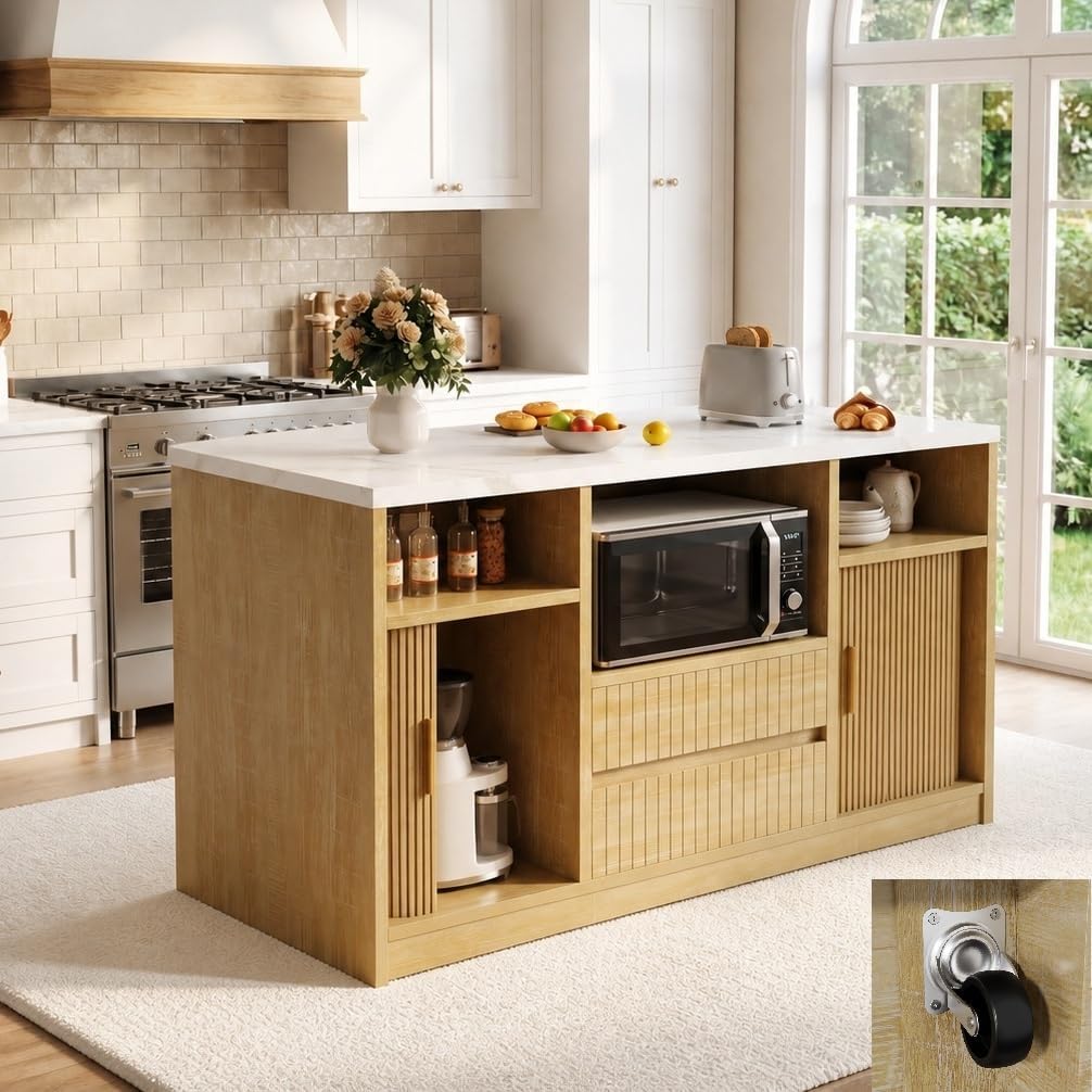 Kitchen Island with Power Outlet & LED Lights, 47" Rolling Island